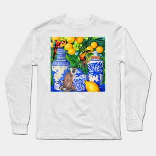 Monkey, toucan,  parrot and chinoiserie jars in tropical garden Long Sleeve T-Shirt